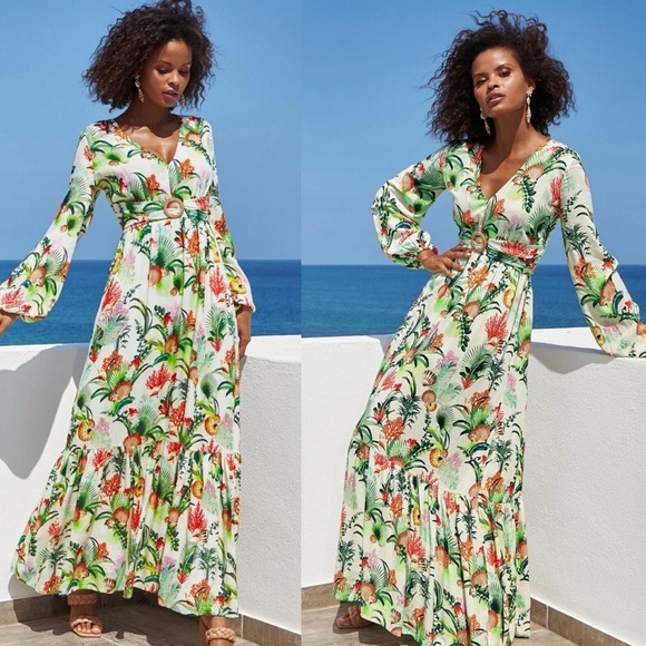 Boston Proper Sea Life Tropical V-Neck Empire Waist Long Sleeve Maxi Dress Sz 14 - Picture 1 of 11